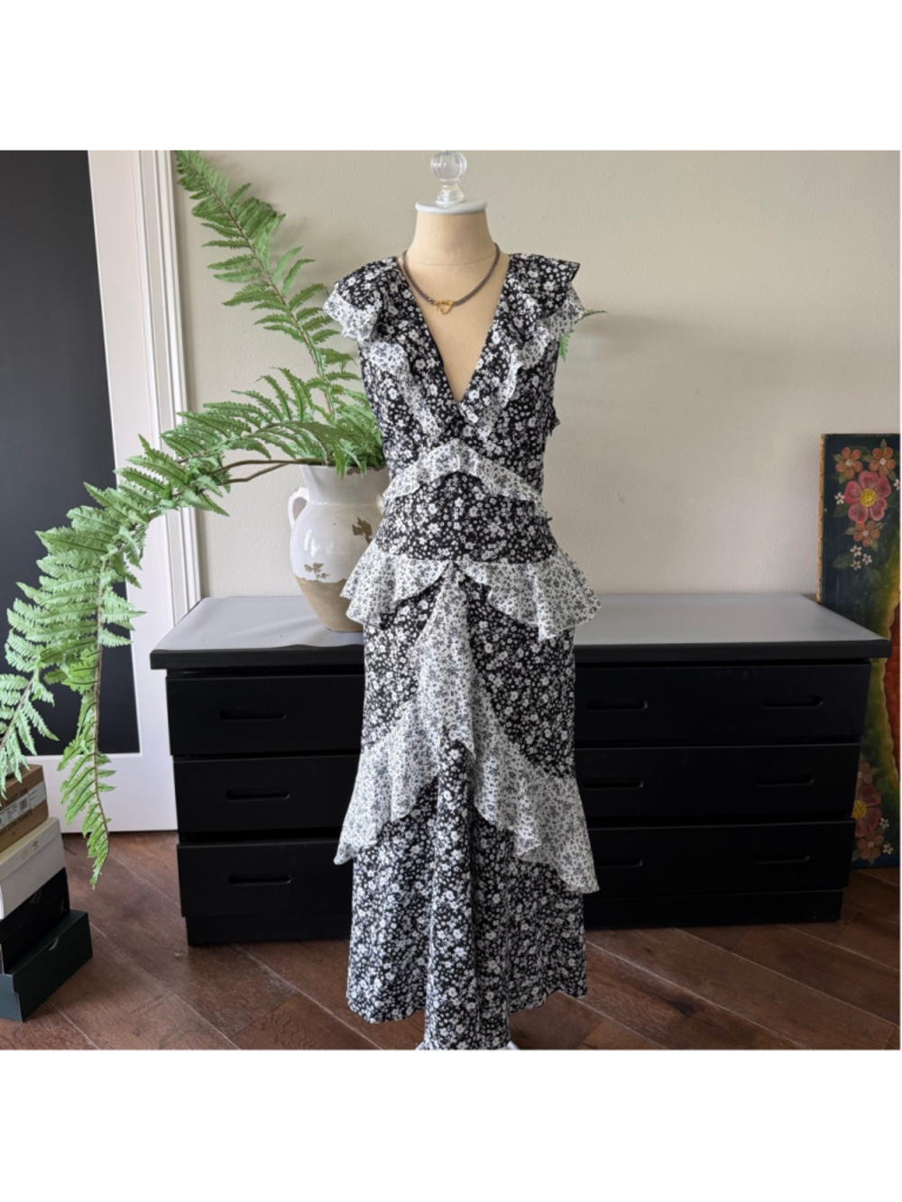 Endless Rose Floral Ruffle Maxi Dress Size L Elegant V-Neck